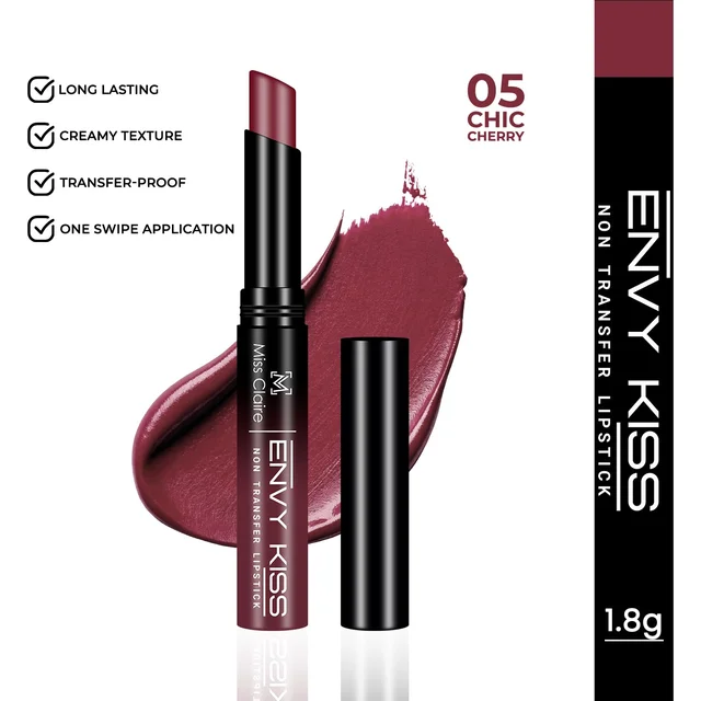 Miss Claire Envy Kiss Non Transfer Lipstick 05 Chic Cherry 1.8g | High-Pigment Matte Finish | Long Lasting Smudge Proof Transfer Resistant Lightweight Lip Color