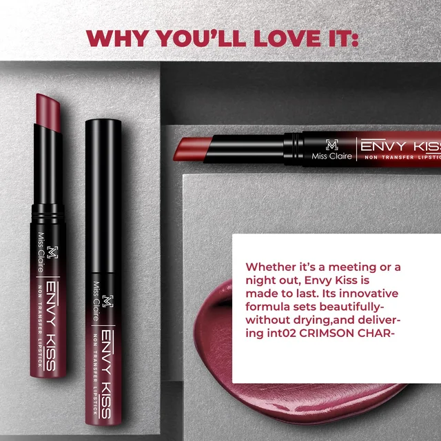 Miss Claire Envy Kiss Non Transfer Lipstick 05 Chic Cherry 1.8g | High-Pigment Matte Finish | Long Lasting Smudge Proof Transfer Resistant Lightweight Lip Color
