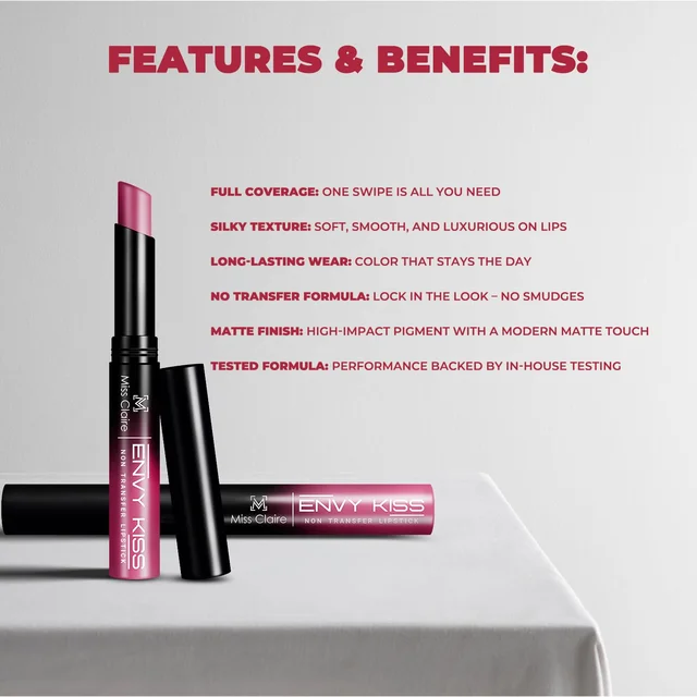 Miss Claire Envy Kiss Non Transfer Lipstick 05 Chic Cherry 1.8g | High-Pigment Matte Finish | Long Lasting Smudge Proof Transfer Resistant Lightweight Lip Color