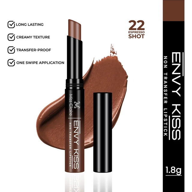 Miss Claire Envy Kiss Non Transfer Lipstick 22 Espresso Shot 1.8g | Deep Matte Tone | Long Lasting Smudge Proof Transfer Resistant Lightweight Brown Lip Color
