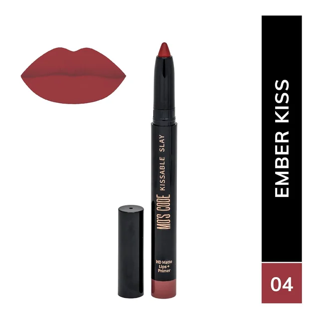 MOS CODE Kissable Slay HD Matte Cryon Lipstick withLips + Primer Ember Kiss 04 | Waterproof, Smudge Proof, Long Lasting Matte Lipstick | Vitamin E Enriched, Hydrating, 1.6g
