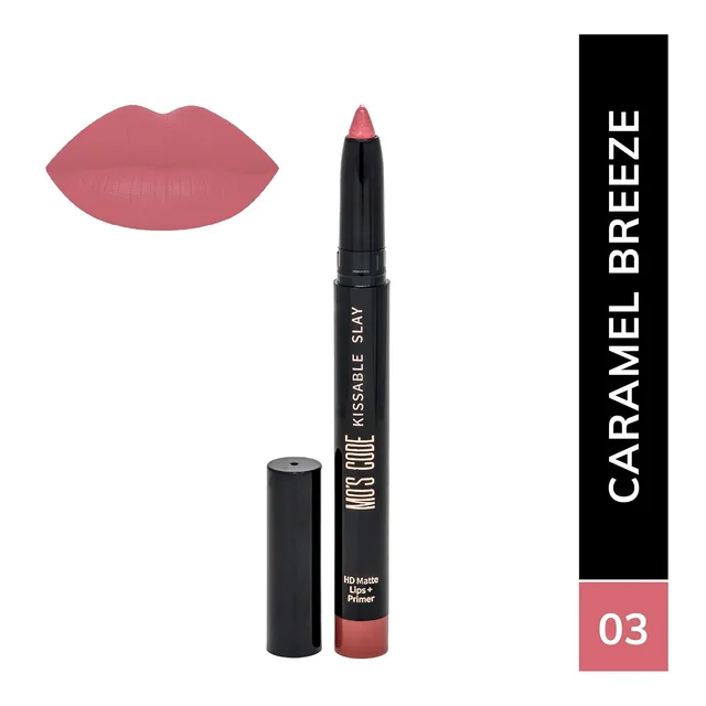 MOS CODE Kissable Slay HD Matte Cryon Lipstick withLips + Primer 1.6g, Caramel Breeze 03 | Waterproof, Smudge Proof, Long Lasting Matte Lipstick | Vitamin E Enriched, Hydrating
