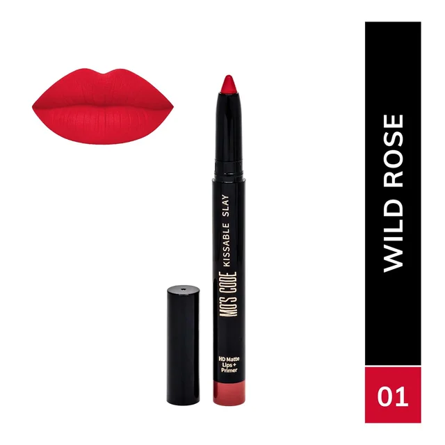 MOS CODE Kissable Slay HD Matte Cryon Lipstick withLips + Primer 1.6g, Wild Rose 01 | Waterproof, Smudge Proof, Long Lasting Matte Lipstick | Vitamin E, Hydrating, Alcohol Free