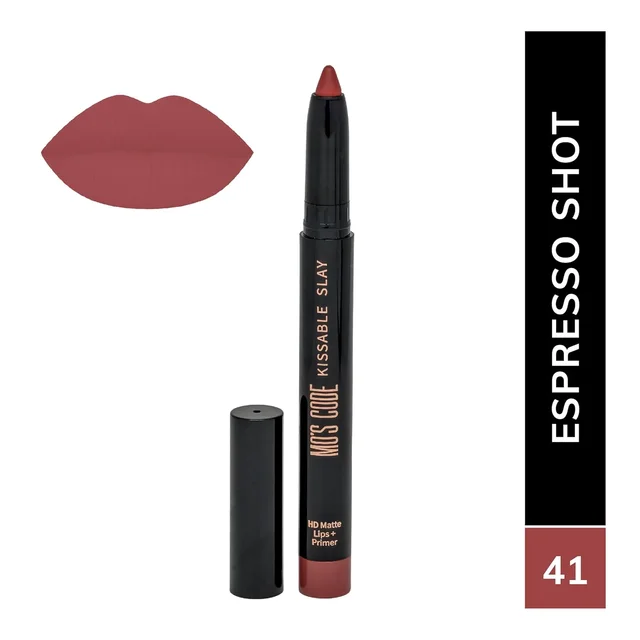 MOS CODE Kissable Slay HD Matte Cryon Lipstick withLips + Primer 1.6g, Espresso Shot 41 | Waterproof, Smudge Proof, Long Lasting Matte Lipstick | Vitamin E Enriched, Hydrating
