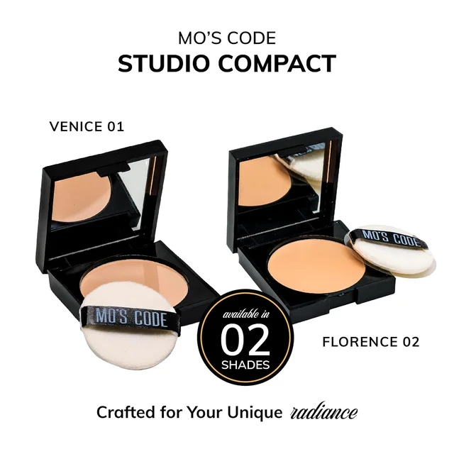 MOS CODE Studio Compact 8gm - Florence 02 | Lightweight High Coverage Compact Powder | Long Lasting | Seamless Blending | Hydrating | Enriched with Vitamin E | Vegan & Cruelty-Free