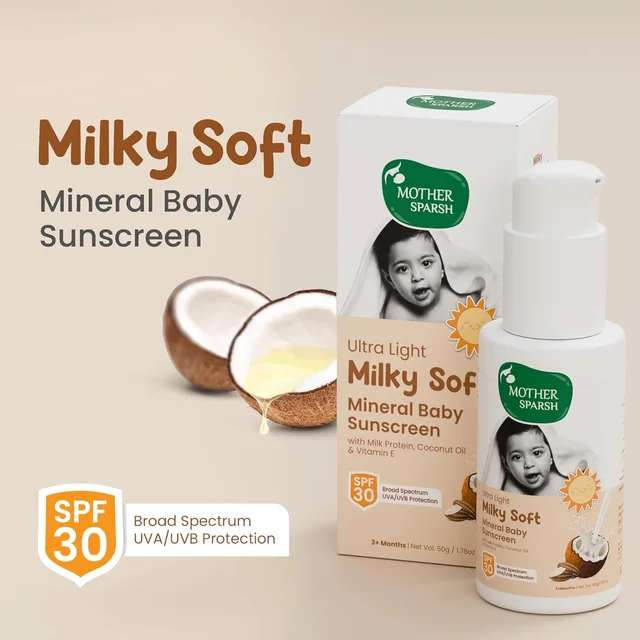 Mother Sparsh Milky Mineral Baby Sunscreen 50g| Ultra-Light Sunscreen Lotion with SPF 30, Broad Spectrum UVA/UVB Protection | Baby Lotion with Milk Protein, Coconut Oil & Vitamin E