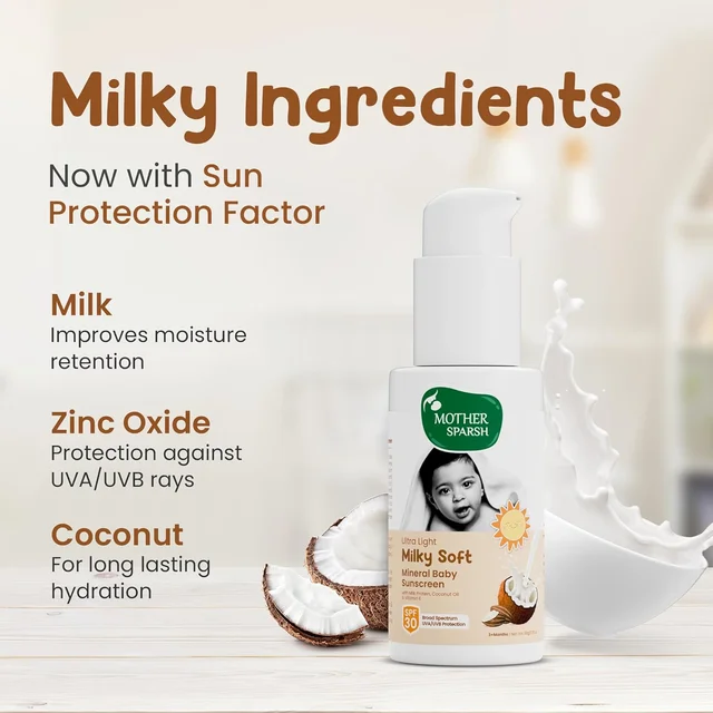 Mother Sparsh Milky Mineral Baby Sunscreen 50g| Ultra-Light Sunscreen Lotion with SPF 30, Broad Spectrum UVA/UVB Protection | Baby Lotion with Milk Protein, Coconut Oil & Vitamin E