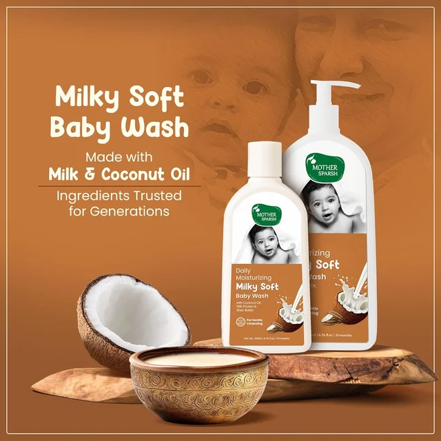 Mother Sparsh Milky Mineral Baby wash 200ml | Gentle & Hydrating Baby Body Wash with Milk Protein, Coconut Oil & Vitamin E | Dermatologically Tested, Tear-Free Formula