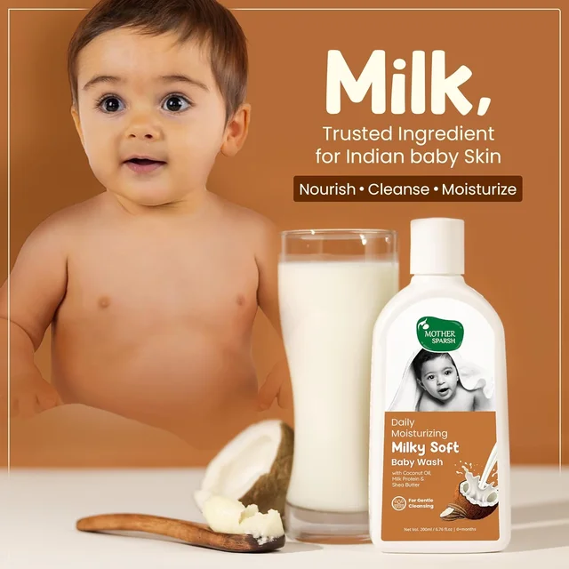 Mother Sparsh Milky Mineral Baby wash 200ml | Gentle & Hydrating Baby Body Wash with Milk Protein, Coconut Oil & Vitamin E | Dermatologically Tested, Tear-Free Formula