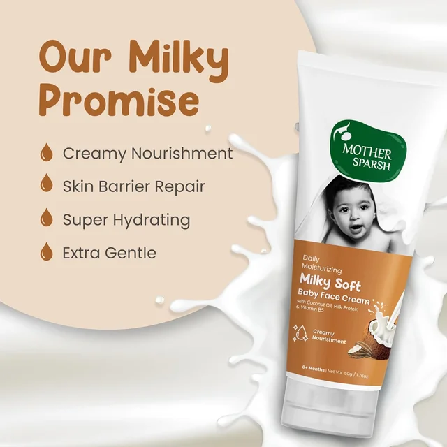 Mother Sparsh Milky Soft Baby Face Cream 50g| Daily Moisturizing Cream for Babies with Coconut Oil, Milk Protein & Vitamin B5 | Non-Sticky & Hydrating Baby Skincare
