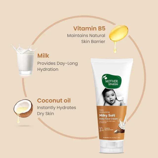 Mother Sparsh Milky Soft Baby Face Cream 50g| Daily Moisturizing Cream for Babies with Coconut Oil, Milk Protein & Vitamin B5 | Non-Sticky & Hydrating Baby Skincare