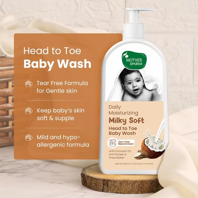 Mother Sparsh Milky Soft Head to Toe Baby Wash 200ml | Coconut based Cleanser & Milk protein, vitamin e | Gentle, Tear-Free Formula for Soft & Healthy Baby Skin