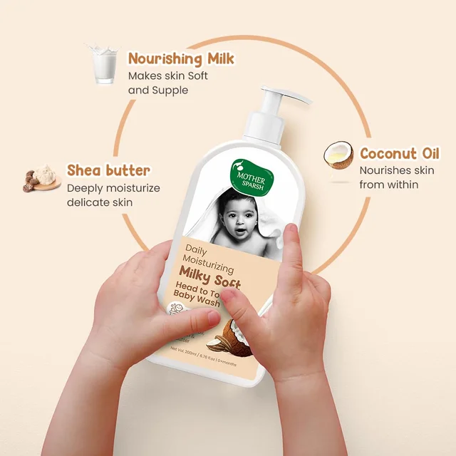 Mother Sparsh Milky Soft Head to Toe Baby Wash 200ml | Coconut based Cleanser & Milk protein, vitamin e | Gentle, Tear-Free Formula for Soft & Healthy Baby Skin