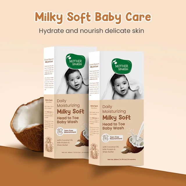 Mother Sparsh Milky Soft Head to Toe Baby Wash 200ml | Coconut based Cleanser & Milk protein, vitamin e | Gentle, Tear-Free Formula for Soft & Healthy Baby Skin