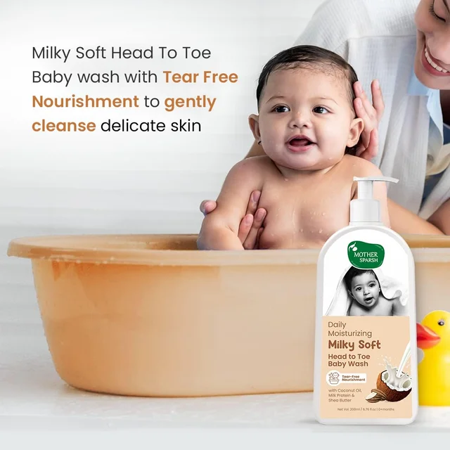 Mother Sparsh Milky Soft Head to Toe Baby Wash 200ml | Coconut based Cleanser & Milk protein, vitamin e | Gentle, Tear-Free Formula for Soft & Healthy Baby Skin