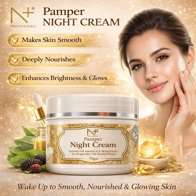 N Plus N+ Pamper Night Cream 50g | Enriched with Essential Oil & Herbal Extracts | Overnight Moisturizing Skin Care Cream for All Skin Types | Nourishes & Softens Skin