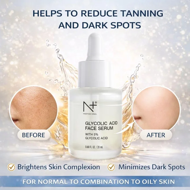 N Plus Glycolic Acid 5% Serum 20ml | Helps Reduce Appearance of Tanning & Dark Spots | Exfoliating Face Serum for Brighter, Smoother & Even-Looking Skin