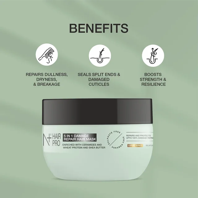 N Plus Hair Pro 5 In 1 Damage Repair Hair Mask 250g | Intensive Hair Treatment | Helps Nourish, Condition, Smooth & Strengthen Dry, Rough and Damaged-Looking Hair