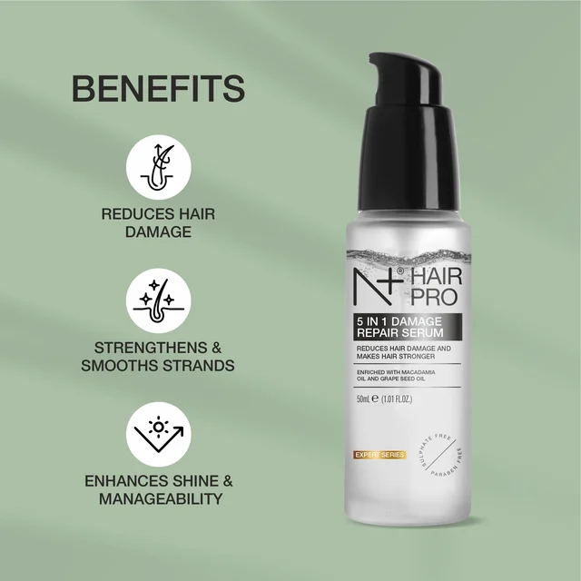 N Plus Hair Pro 5 in 1 Damage Repair Serum 50ml | Enriched with Macadamia Oil & Grape Seed Oil | Nourishing Hair Serum for Smooth, Soft & Manageable Hair