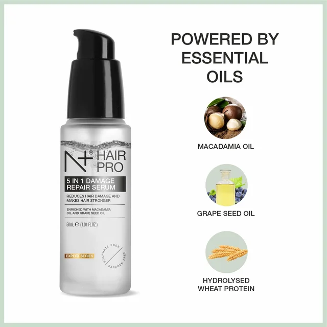 N Plus Hair Pro 5 in 1 Damage Repair Serum 50ml | Enriched with Macadamia Oil & Grape Seed Oil | Nourishing Hair Serum for Smooth, Soft & Manageable Hair