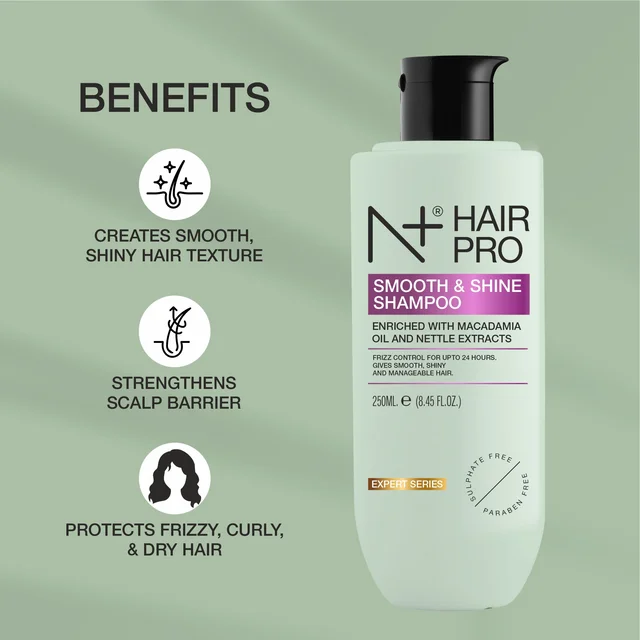 N Plus Hair Pro Smooth & Shine Shampoo 250ml | Frizz Control for Up to 24 Hours | Smoothing Hair Care Shampoo for Soft, Manageable, Shiny & Healthy-Looking Hair