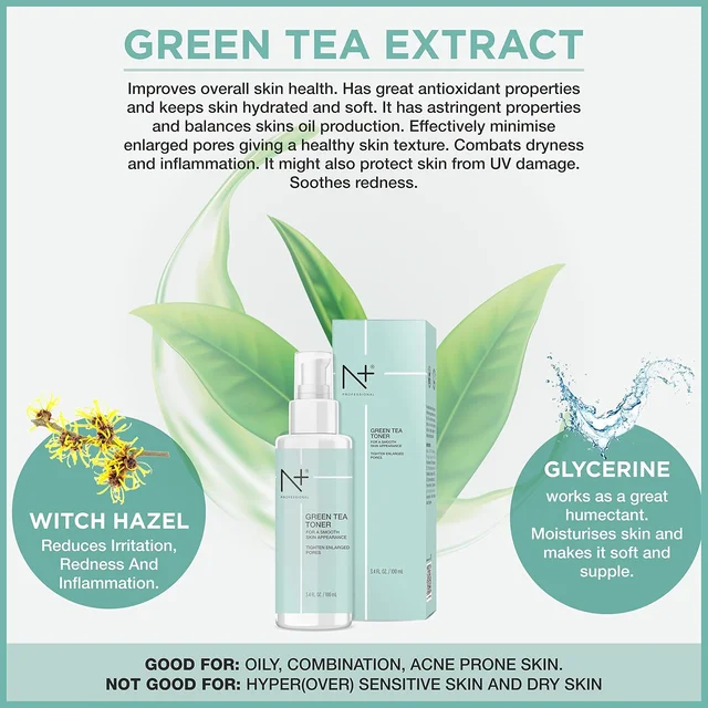 N Plus N PLUS Professional Green Tea Toner for Face 100ml | Helps Tighten Enlarged Pores | Green Tea Face Toner | Paraben Free Formula | Daily Skincare Toner