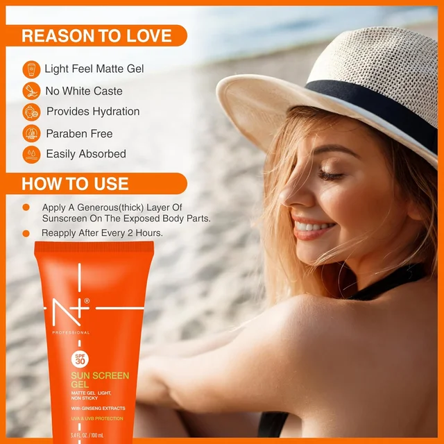 N Plus Professional Sunscreen Gel SPF30 100ml | Matte & Non-Sticky Formula | UVA & UVB Protection | Hydrating Sun Protection Gel | Suitable for All Skin Types