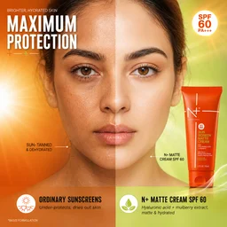 N Plus Sunscreen Matte Cream SPF60 100ml | Matte Finish Sun Protection Cream | Lightweight & Non-Sticky Formula | Daily UV Protection | Face Sunscreen for Everyday Use