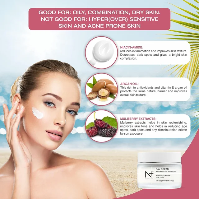 N Plus N + Professional Day Cream 50g | With Niacinamide and Argan Oil | Improves Uneven Skin Tone | With SPF 20 | Paraben Free | Hydrating Face Moisturizer | Smooth & Shiny Skin | Sun Protection Cream