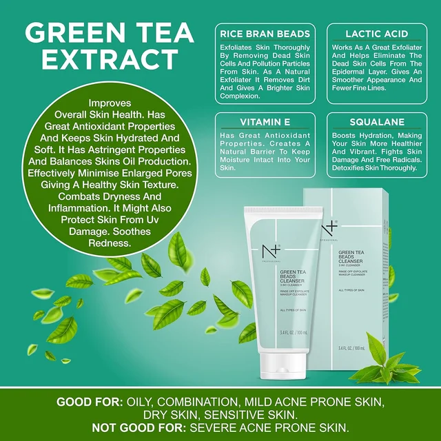 N Plus N + Professional Green Tea Beads Cleanser 100ml | 3 in 1 Cleanser | Rinse Off, Exfoliate, Makeup Cleanser | Antioxidant-Rich | Exfoliating Beads | Smooth Skin | For All Skin Types