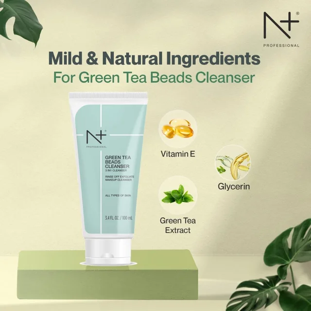 N Plus N + Professional Green Tea Beads Cleanser 100ml | 3 in 1 Cleanser | Rinse Off, Exfoliate, Makeup Cleanser | Antioxidant-Rich | Exfoliating Beads | Smooth Skin | For All Skin Types