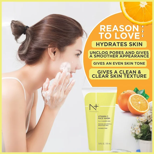 N Plus N+ Professional Vitamin C Face Wash-100ml | Reduce Age Spots & Brighten Skin | Pore Cleansing | Oil-Free Cleanser | Hydrating | Paraben Free | For All Skin Types