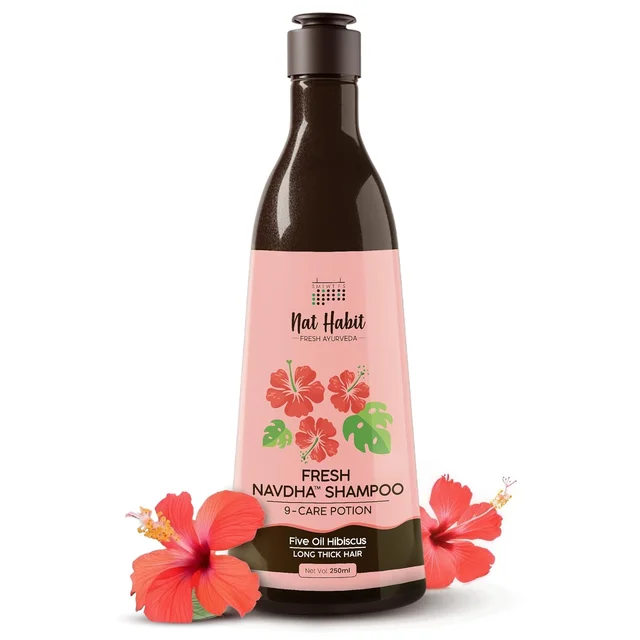 Nat Habit Hibiscus Navdha Shampoo 225ml | Natural Shampoo with Hibiscus, Amla & Fermented Soy | For Hair Growth, Oily Scalp, Dry Frizzy Hair | Sulfate Free Cleanser