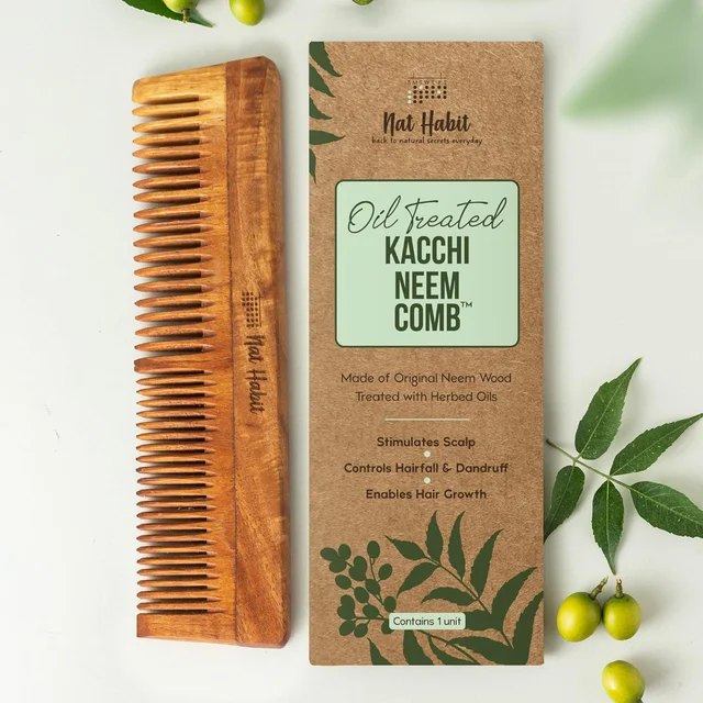 Nat Habit Kacchi Neem Wooden Comb | Soaked in 17 Herbs, Neem & Sesame Oil | Dual Tooth Hair Comb for Detangling, Frizz Control & Shine | All Hair Types