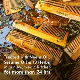 Nat Habit Kacchi Neem Wooden Comb | Soaked in 17 Herbs, Neem & Sesame Oil | Dual Tooth Hair Comb for Detangling, Frizz Control & Shine | All Hair Types