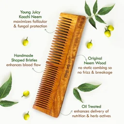 Nat Habit Kacchi Neem Wooden Comb | Soaked in 17 Herbs, Neem & Sesame Oil | Dual Tooth Hair Comb for Detangling, Frizz Control & Shine | All Hair Types