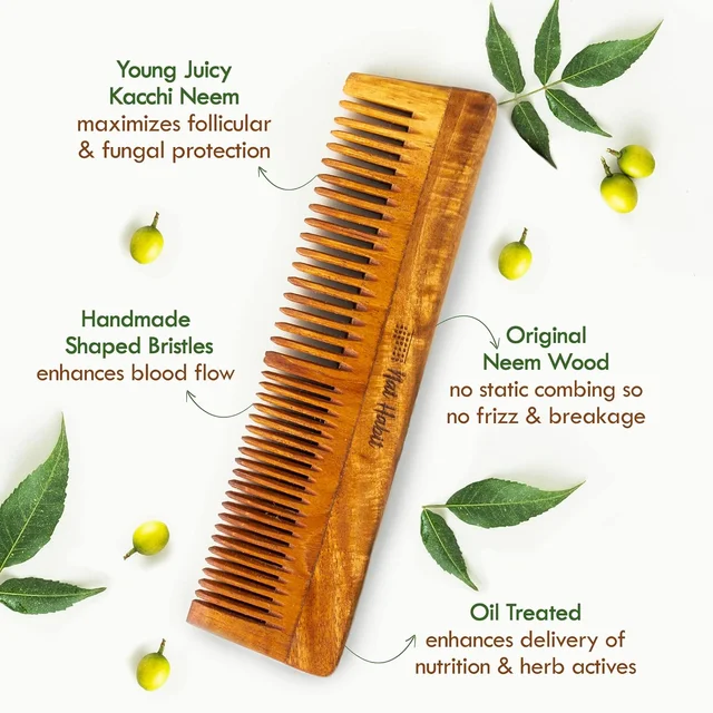 Nat Habit Kacchi Neem Wooden Comb | Soaked in 17 Herbs, Neem & Sesame Oil | Dual Tooth Hair Comb for Detangling, Frizz Control & Shine | All Hair Types