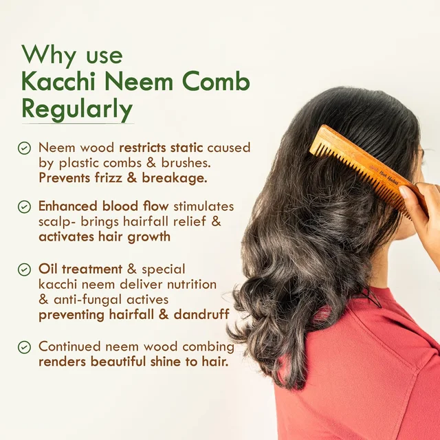 Nat Habit Kacchi Neem Wooden Comb | Soaked in 17 Herbs, Neem & Sesame Oil | Dual Tooth Hair Comb for Detangling, Frizz Control & Shine | All Hair Types