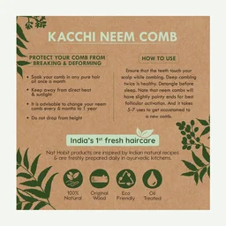 Nat Habit Kacchi Neem Wooden Comb | Soaked in 17 Herbs, Neem & Sesame Oil | Dual Tooth Hair Comb for Detangling, Frizz Control & Shine | All Hair Types