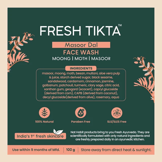 Nat Habit Masoor Dal Face Wash Fresh Daily Tikta 100g | Skin Brightening Natural Cleanser | With Masoor & Moth Dal | Sulphate & Chemical Free | For All Skin Types