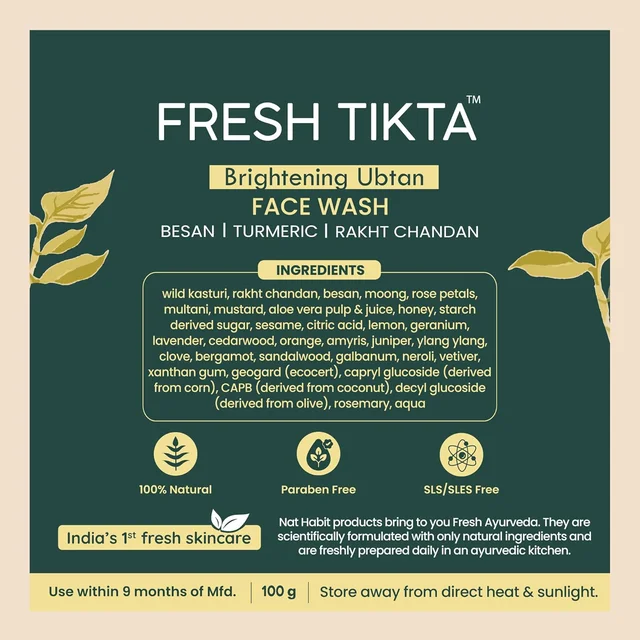 Nat Habit Ubtan Face Wash 100g | Fresh Daily Tikta with Wild Turmeric | Skin Brightening | Chemical & Sulphate Free Natural Cleanser | For Men & Women, All Skin Types