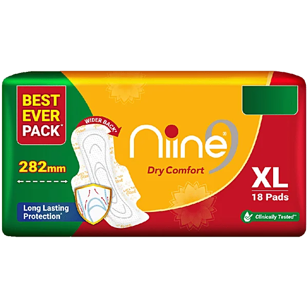 Nine Niine Dry Comfort Ultra Thin XL Sanitary Pads (282mm) | Leak-Proof & Quick-Dry |Comfortable & Soft, Breathable | Anti-Frizz, 100% Skin-Friendly Protection
