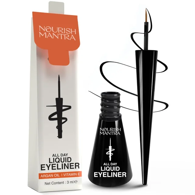 Nourish Mantra All-Day Liquid Eyeliner 3ml | Enriched with Argan Oil, Vitamin E & Almond Oil | Intense Pigmentation | Smudge-Proof & Waterproof | Long-Lasting Matte Finish