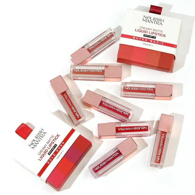 Nourish Mantra Bold Rush Creamy Matte Liquid Lipstick Combo with SPF 15, Set of 4 Mini Lipsticks 1.4ml each | Transfer-Proof, Smudge-Proof & Long-Lasting | Enriched with Jojoba Oil | Shea Butter & Vitamin E?