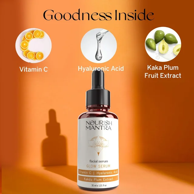 Nourish Mantra Facial Serum Glow with Vitamin C 30ml| Brightening & Hydrating Serum for Radiant Skin | Fades Dark Spots, Boosts Glow & Collagen | All Skin Types