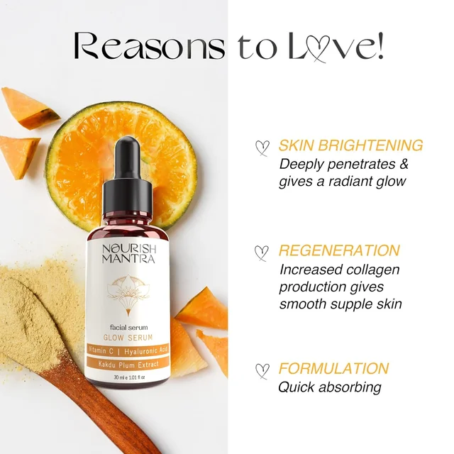 Nourish Mantra Facial Serum Glow with Vitamin C 30ml| Brightening & Hydrating Serum for Radiant Skin | Fades Dark Spots, Boosts Glow & Collagen | All Skin Types