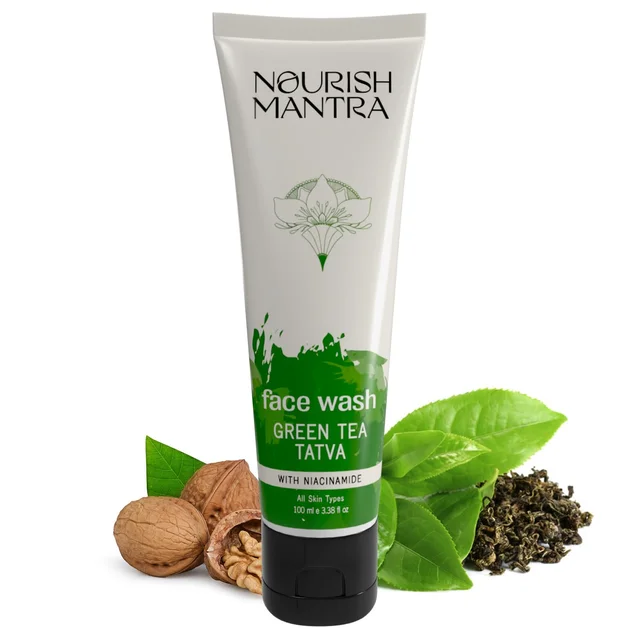 Nourish Mantra Green Tea Tatva Face Wash 100ml | With Green Tea, Walnut Powder & Niacinamide | 2-in-1 Exfoliating Cleanser | Oil Control | Sulfate & Paraben Free