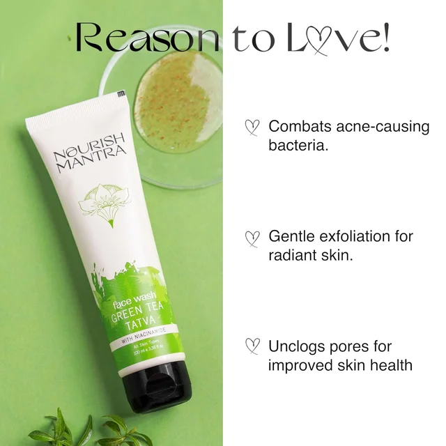 Nourish Mantra Green Tea Tatva Face Wash 100ml | With Green Tea, Walnut Powder & Niacinamide | 2-in-1 Exfoliating Cleanser | Oil Control | Sulfate & Paraben Free