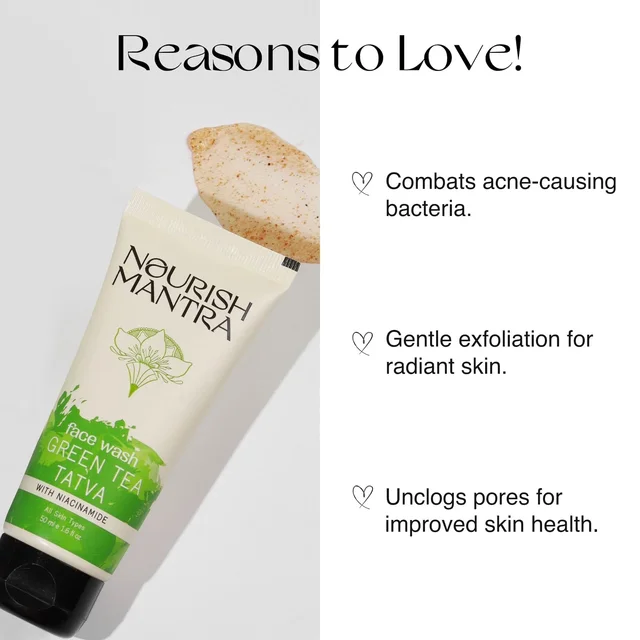 Nourish Mantra Green Tea Tatva Face Wash 50ml | With Green Tea, Walnut Powder & Niacinamide | 2-in-1 Exfoliating Cleanser | Oil Control | Sulfate & Paraben Free
