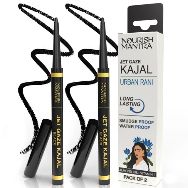 Nourish Mantra Jet Gaze Kajal Urban Rani-Black (0.35g) | Enriched with Almond Oil, Argan Oil & Vitamin E | Intense Pigmentation | Smudge-Proof | Waterproof | Long-Lasting
